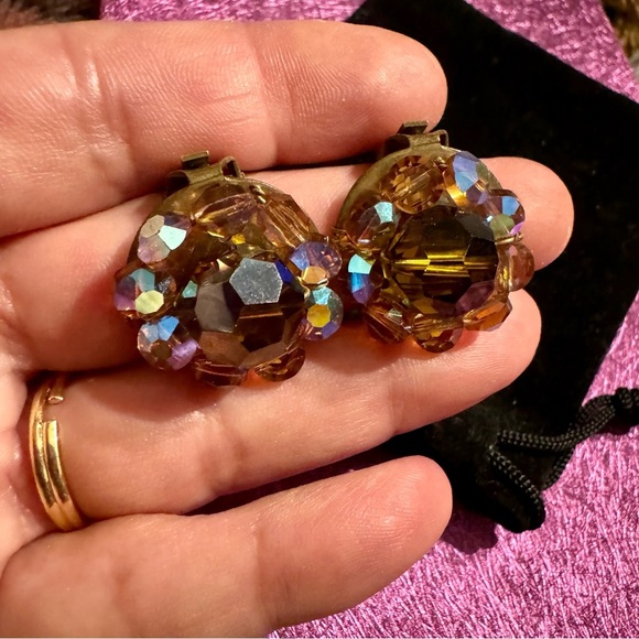 Vintage Brown & Amber glass beads with AB finish Clip on Earrings - Picture 4 of 4